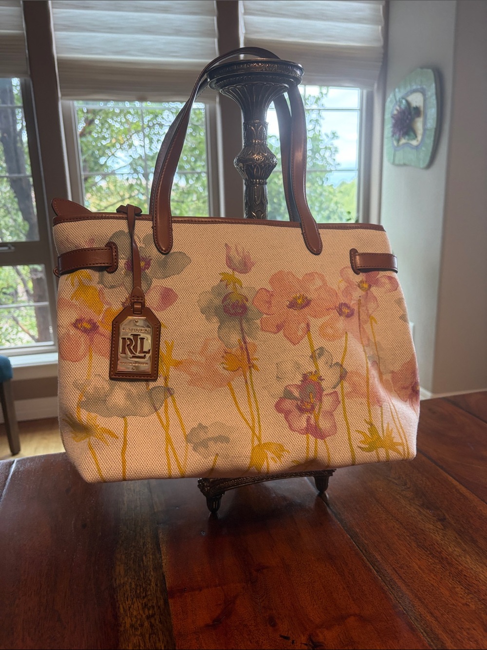 Ralph Lauren Floral Canvas Tote in Cream, Pink & Yellow with Brown Trim